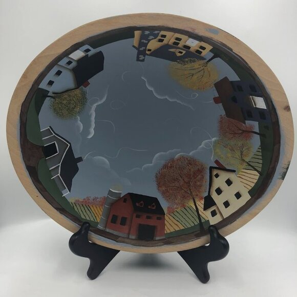 Vintage Hand Painted Wood Decorative Bowl Landscape Scenery Centerpiece - Picture 3 of 7